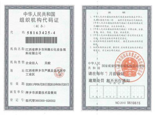 组织机构代码证—萍乡市科隆石化设备填料