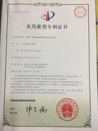 专利证书（一种用于低温脱硫脱硝塔内的填料装置）